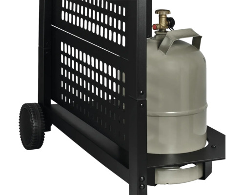 Detailansicht eines Grillwagens mit Gasflasche.