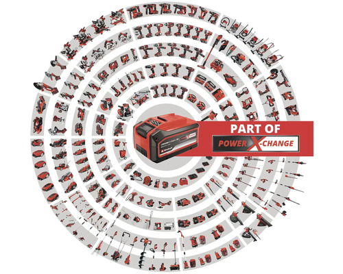 Einhell Power X-Change Akku mit verschiedenen Werkzeugen kreisförmig angeordnet