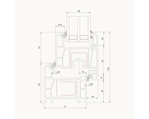 Technische Zeichnung eines Fensterprofils mit Maßangaben