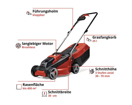 Akkurasenmäher mit klappbarem Führungsholm und 25 Liter Grasfangkorb