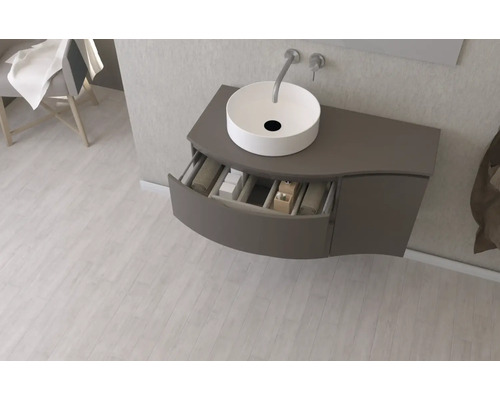 Waschtisch mit rundem Aufsatzwaschbecken und Schublade im Badezimmer