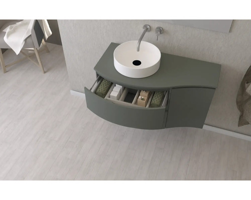 Waschtischunterschrank mit offenem Schubfach und Aufsatzwaschbecken