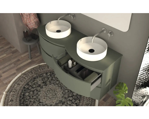 Doppelwaschtisch mit Unterschrank, runden Aufsatzwaschbecken und geöffneter Schublade im Badezimmer