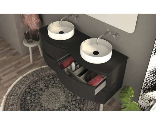 Modernes Badezimmer mit Doppelwaschtisch, Unterschrank und runden Aufsatzwaschbecken.