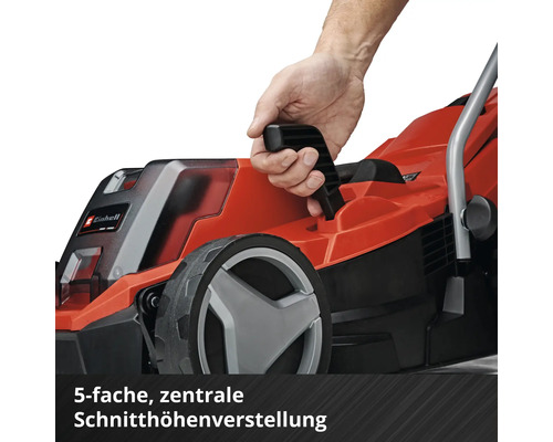 Detailaufnahme eines Rasenmähers mit zentraler, fünffacher Schnitthöhenverstellung.