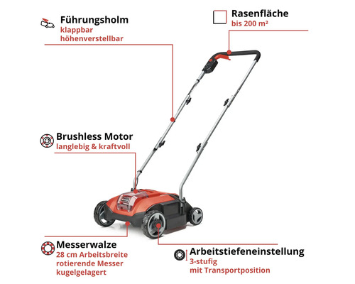 Elektrischer Vertikutierer mit klappbarem, höhenverstellbarem Führungsholm, Messerwalze und dreistufiger Arbeitstiefeneinstellung