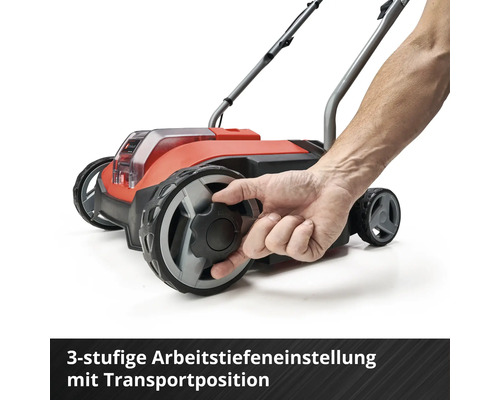Dreistufige Arbeitstiefeneinstellung mit Transportposition des Rasenmähers.