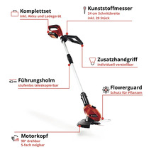 Akkutrimmer Set mit Akku, Ladegerät, Teleskopstiel, Zusatzhandgriff, drehbarem Motorkopf und Pflanzenschutz