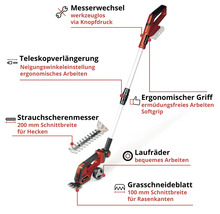 Akkubetriebene Gras- und Strauchschere mit Teleskopverlängerung und Rädern