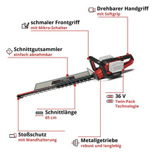 Akkubetriebene Heckenschere mit drehbarem Griff, Softgriff, schmalem Frontgriff, Mikroschalter, abnehmbarem Schnittgutsammler, 65 Zentimeter Schnittlänge, Stoßschutz, Wandhalterung und Metallgetriebe.