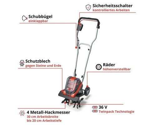 Akku-Gartenfräse mit einklappbarem Schubbügel, Schutzblech, höhenverstellbaren Rädern und Metall-Hackmessern