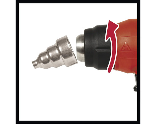 Heißluftpistole mit Düsenaufsatz und Hinweispfeil