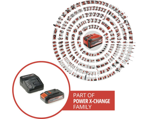 Einhell Power X-Change Akku und Ladegerät im Set mit Werkzeugübersicht