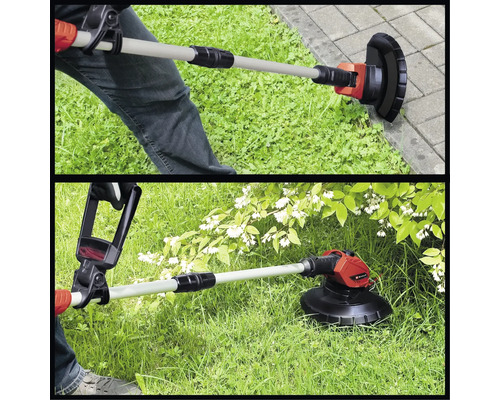 Zweiteiliges Bild einer Person, die mit einem Rasentrimmer Rasen und Rasenkanten schneidet.