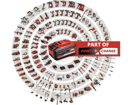 Ein Einhell Power X-Change Akku umgeben von verschiedenen Einhell Werkzeugen