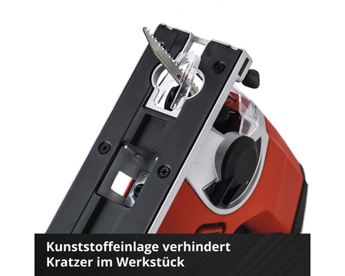 Detailaufnahme einer Stichsäge mit Kunststoffeinlage zur Vermeidung von Kratzern am Werkstück