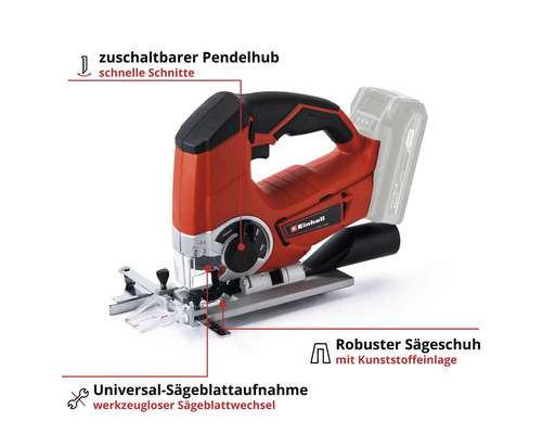 Einhell Akku Stichsäge mit zuschaltbarem Pendelhub, werkzeuglosem Sägeblattwechsel und robustem Sägeschuh.