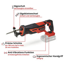 Einhell Akku-Säbelsäge mit einstellbarem Sägeschuh, werkzeuglosem Sägeblattwechsel, Anti-Vibrationsfunktion und ergonomischem Softgriff.
