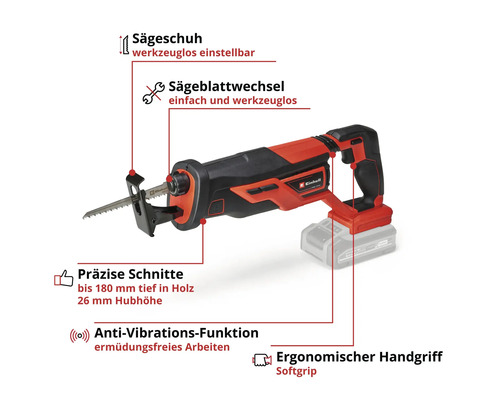 Einhell Akku-Säbelsäge mit einstellbarem Sägeschuh, werkzeuglosem Sägeblattwechsel, Anti-Vibrationsfunktion und ergonomischem Softgriff.