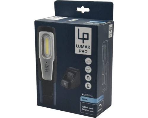 Lumak Pro Arbeitsleuchte in Produktverpackung mit Ladestation