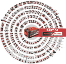 Ein Einhell Akku umgeben von verschiedenen Werkzeugen des Power X-Change Systems.