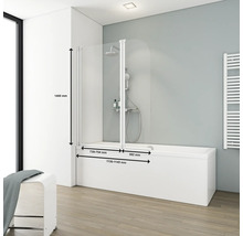 Badewanne mit Duschwand und Maßangaben.