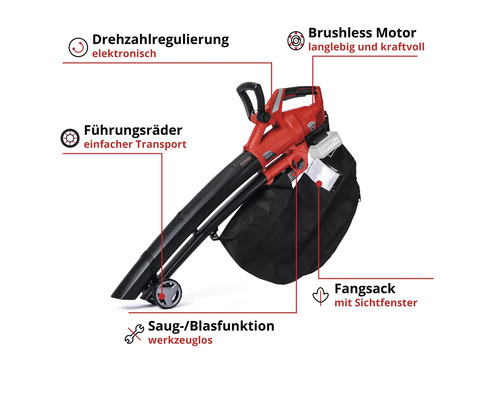 Laubsauger mit Geschwindigkeitsregelung, bürstenlosem Motor, Führungsrädern und Fangsack