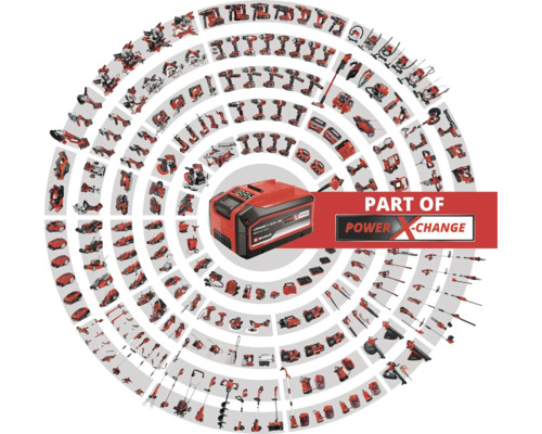 Einhell Power X-Change Akku umgeben von einer Auswahl an Einhell Werkzeugen