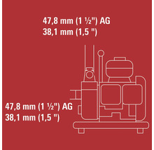 Technische Zeichnung eines Geräts mit Maßangaben 47,8 mm (1 1/2 Zoll) Außengewinde und 38,1 mm (1,5 Zoll)