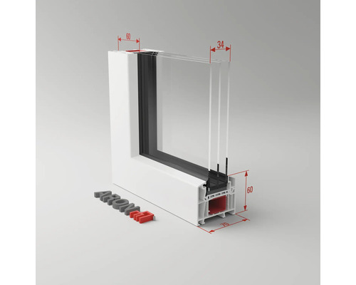 Querschnitt eines weißen Kunststofffensters mit Maßangaben