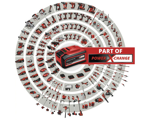 Einhell Power X-Change Akku umgeben von einer Auswahl an Werkzeugen