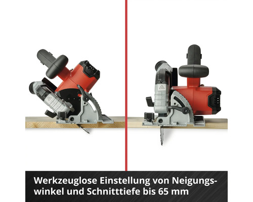 Akkukreissäge mit werkzeugloser Einstellung von Neigungswinkel und Schnitttiefe