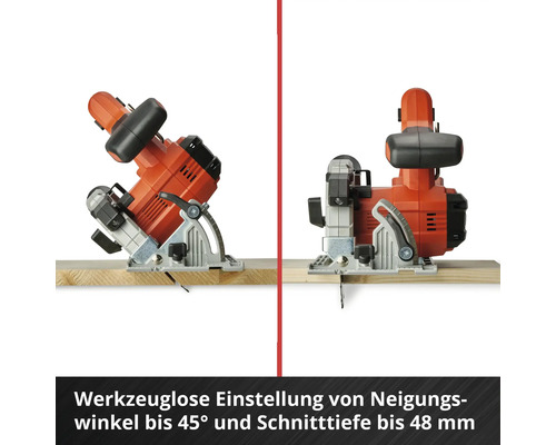 Zwei Ansichten einer Handkreissäge auf einem Holzbrett, die die Einstellung des Neigungswinkels und der Schnitttiefe zeigen