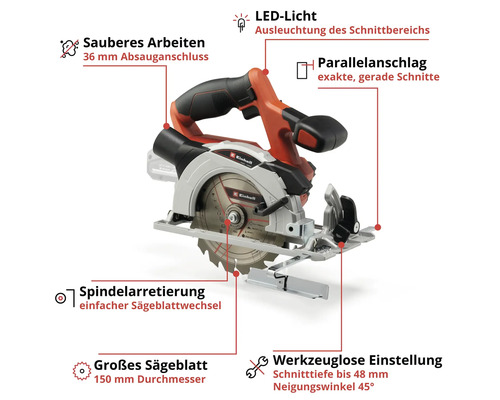 Einhell Akku Handkreissäge mit 150 Millimeter Sägeblattdurchmesser und 48 Millimeter Schnitttiefe