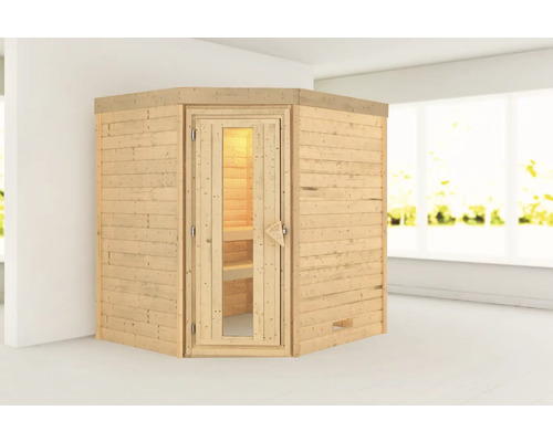 Massivholzsauna Karibu Maxina ohne Ofen mit Holztüre und Isolierglas wärmegedämt Massivholzsauna Karibu Maxina ohne Ofen mit Holztüre und Isolierglas wärmegedämt