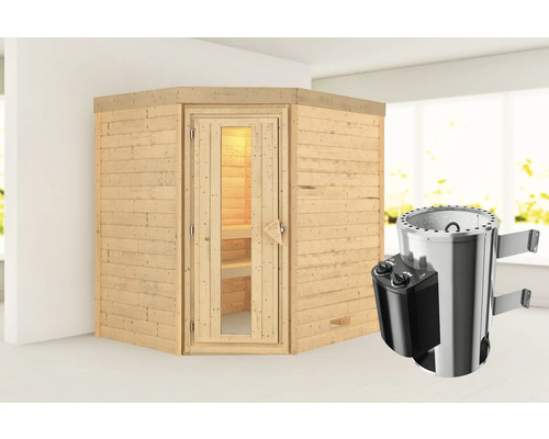 Massivholzsauna Karibu Maxina inkl.3,6 kW Ofen u.integr.Steuerung mit Holztüre und Isolierglas wärmegedämt