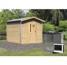 Sauna mit Holzfassade und Saunaofen mit Steinen