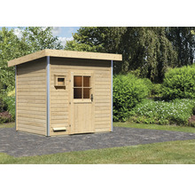 Gartenhaus aus Holz mit Tür und Fenster im Garten