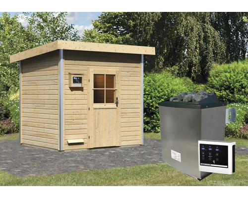 Saunahaus Karibu Opal 4 inkl.9 kW Ofen u.ext.Steuerung und Holztüre mit Isolierglas wärmegedämmt Außensauna mit Saunaofen und Steuerung für den Garten