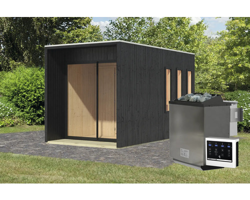 Saunahaus Karibu Miramor inkl.9 kW Bio Ofen u.ext.Steuerung mit Vordach und Holztüre mit Isolierglas wärmegedämt schwarz