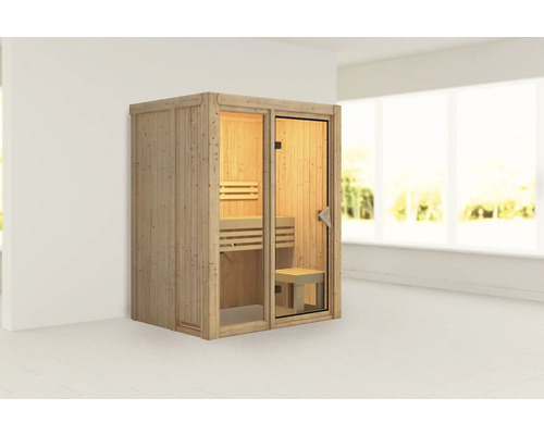 Elementsauna Karibu Avarni 1 ohne Ofen und Dachkranz mit bronzierter Ganzglastüre Elementsauna Karibu Avarni 1 ohne Ofen und Dachkranz mit bronzierter Ganzglastüre
