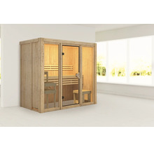 Holzsauna mit Glastür und Bänken
