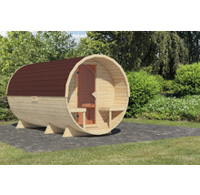Fasssauna aus Holz mit Tür und Dachschindeln