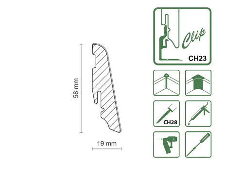 Abbildung eines Sockelleistenprofils mit den Maßen 58 mm Höhe und 19 mm Breite sowie Montagesymbole