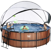 Runder Pool mit Holzoptik, Abdeckung und Badespaß für Kinder