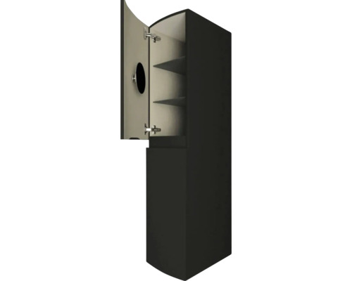 Schwarzer Hochschrank mit geöffneter Tür und Einlegeböden