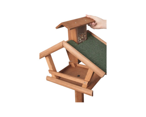 Vogelhaus aus Holz mit Futtersilo und Dach