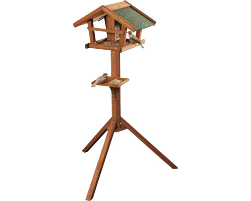 Vogelhaus aus Holz mit Futterstelle und zwei Vögeln