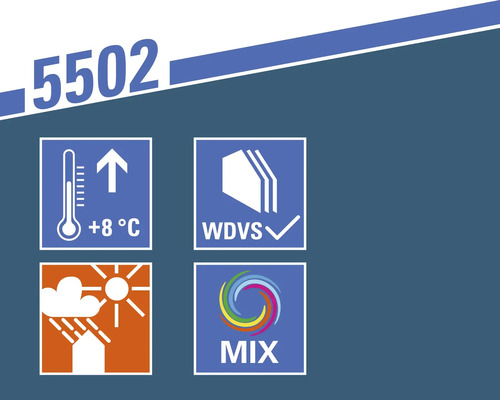 Informationen zu Produkteigenschaften: Verarbeitung ab 8 Grad Celsius, geeignet für Wärmedämmverbundsysteme, wetterbeständig, Mischbarkeit.