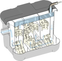 Teichfilter mit Filtermaterial und Wasserflussrichtung